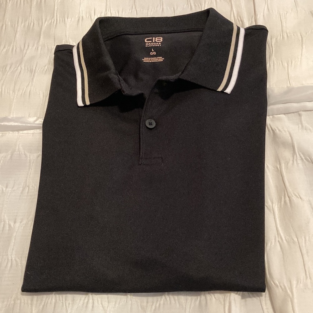 ⭐️ Host Pick ⭐️ NWOT - Haggar Mens Golf C18 Black Polo Shirt Striped Collar Sz L